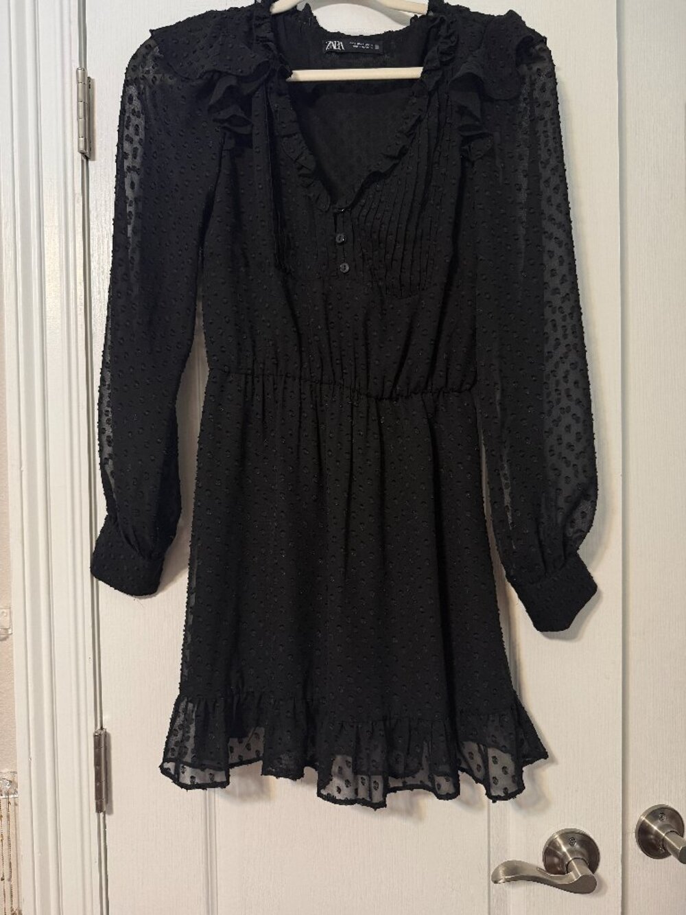 Zara Black Ruffle Trim Long Sleeve Swiss Dot Dress, Size XS